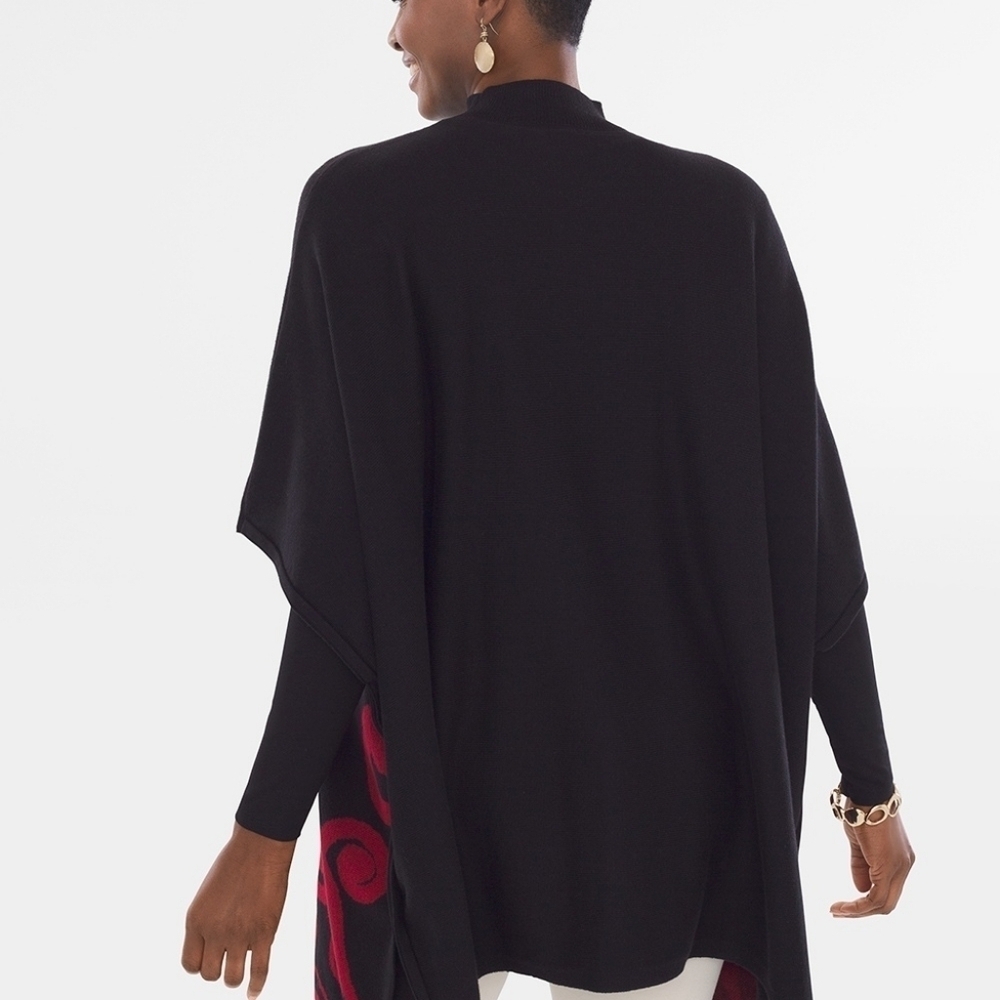 Chico’s Red and Black Popover Poncho with Swirl Design Cotton Blend S/M - Picture 2 of 7